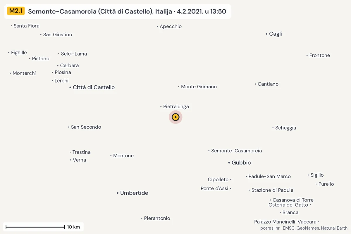 Karta: okolica epicentra, 60 km, potres M2,1, Semonte-Casamorcia (Città di Castello), Italija, 4.2.2021.