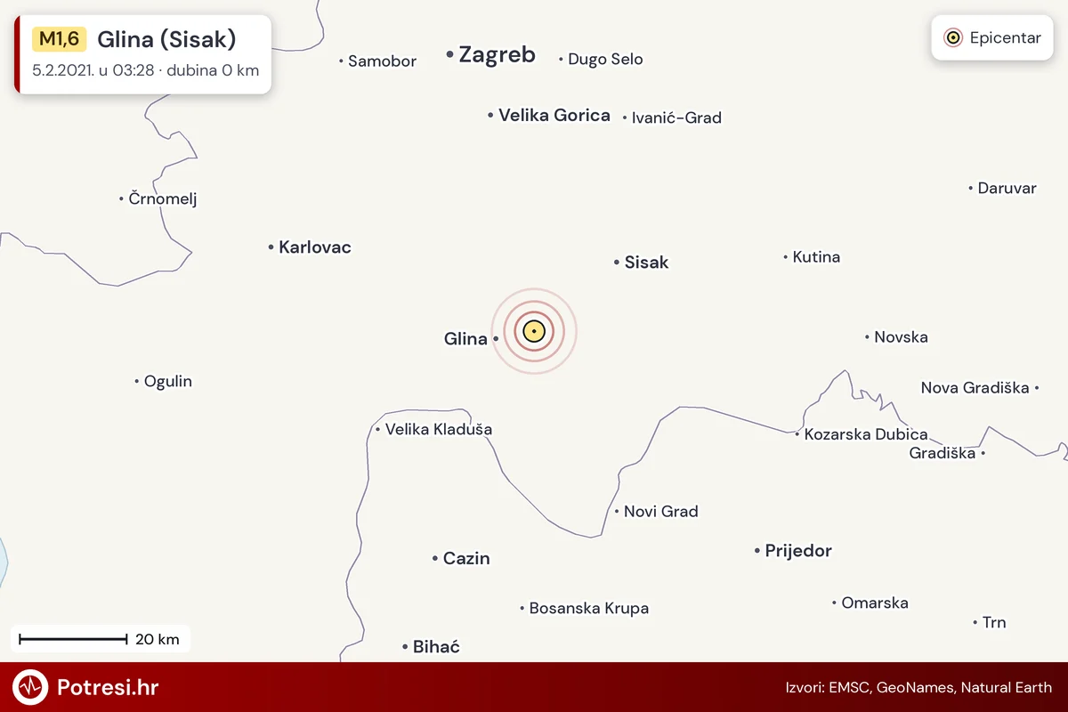 Karta: šire područje i vjerojatni doseg osjeta, potres M1,6, Glina (Sisak), 5.2.2021.