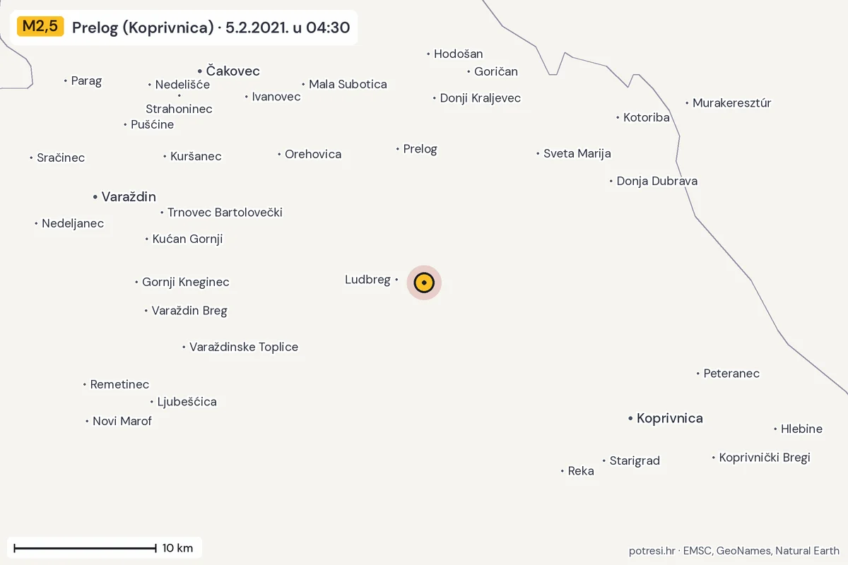 Karta: okolica epicentra, 60 km, potres M2,5, Prelog (Koprivnica), 5.2.2021.