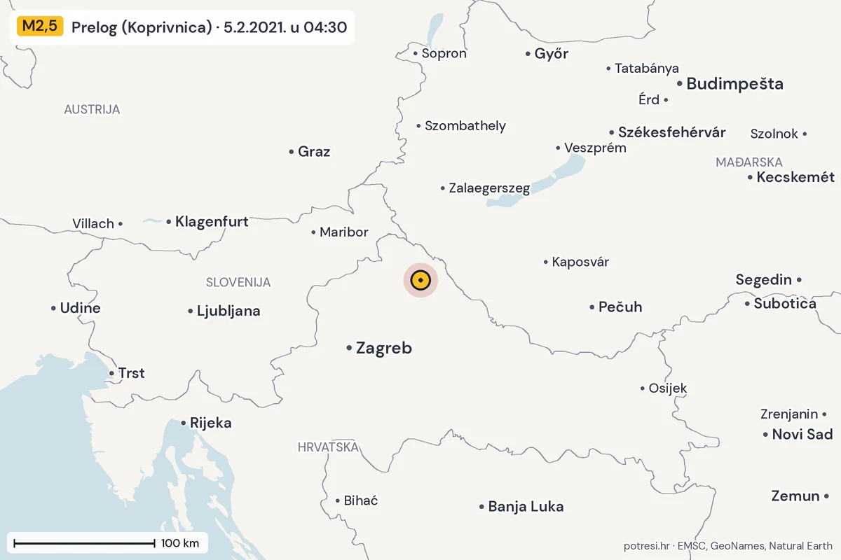 Karta: šire područje, 600 km, potres M2,5, Prelog (Koprivnica), 5.2.2021.