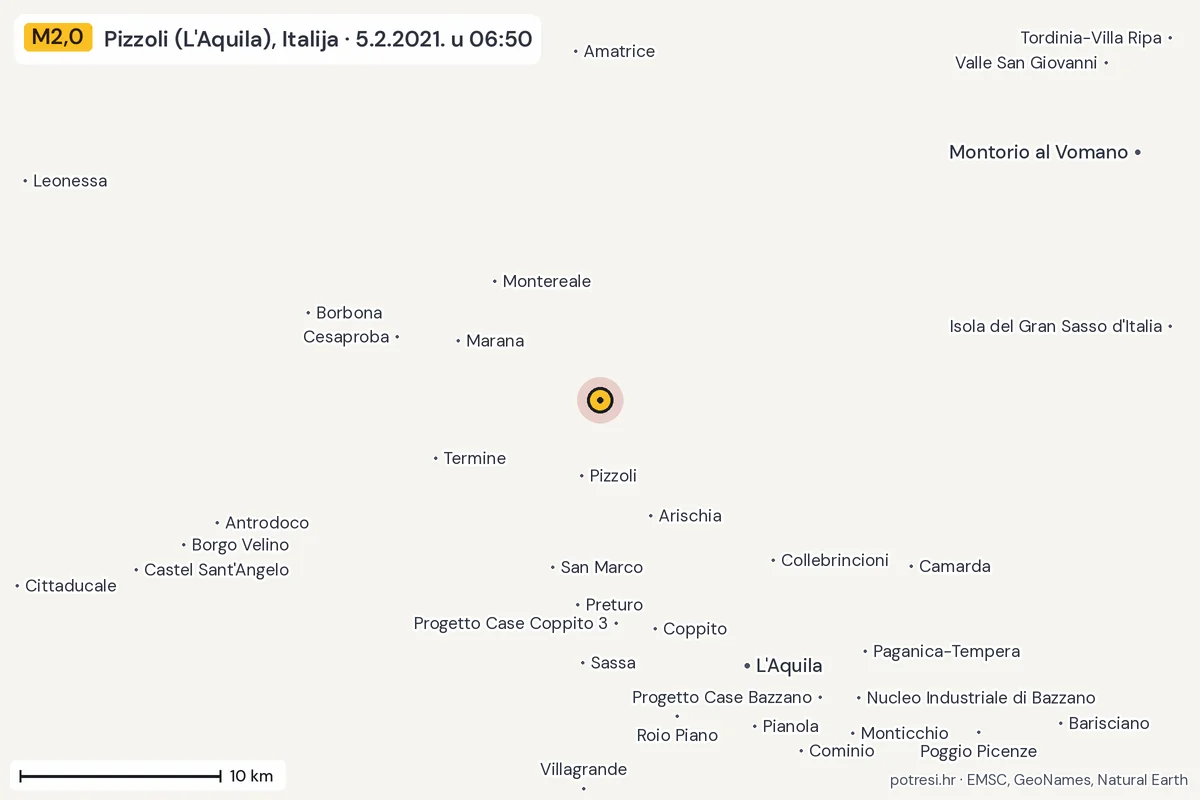 Karta: okolica epicentra, 60 km, potres M2,0, Pizzoli (L'Aquila), Italija, 5.2.2021.