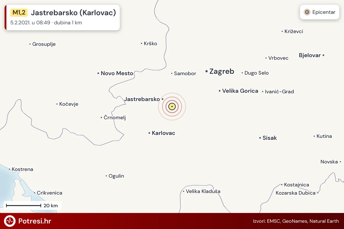 Karta: šire područje i vjerojatni doseg osjeta, potres M1,2, Jastrebarsko (Karlovac), 5.2.2021.