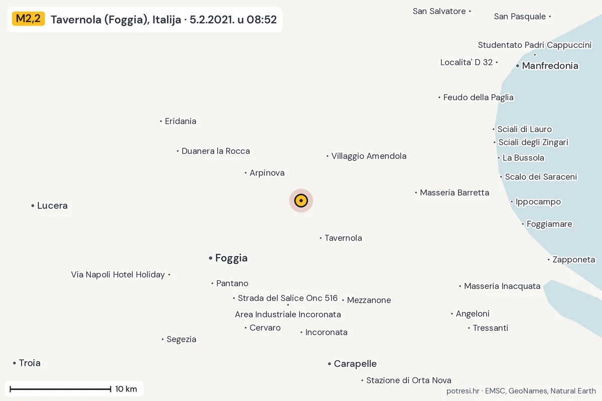 Karta: okolica epicentra, 60 km, potres M2,2, Tavernola (Foggia), Italija, 5.2.2021.