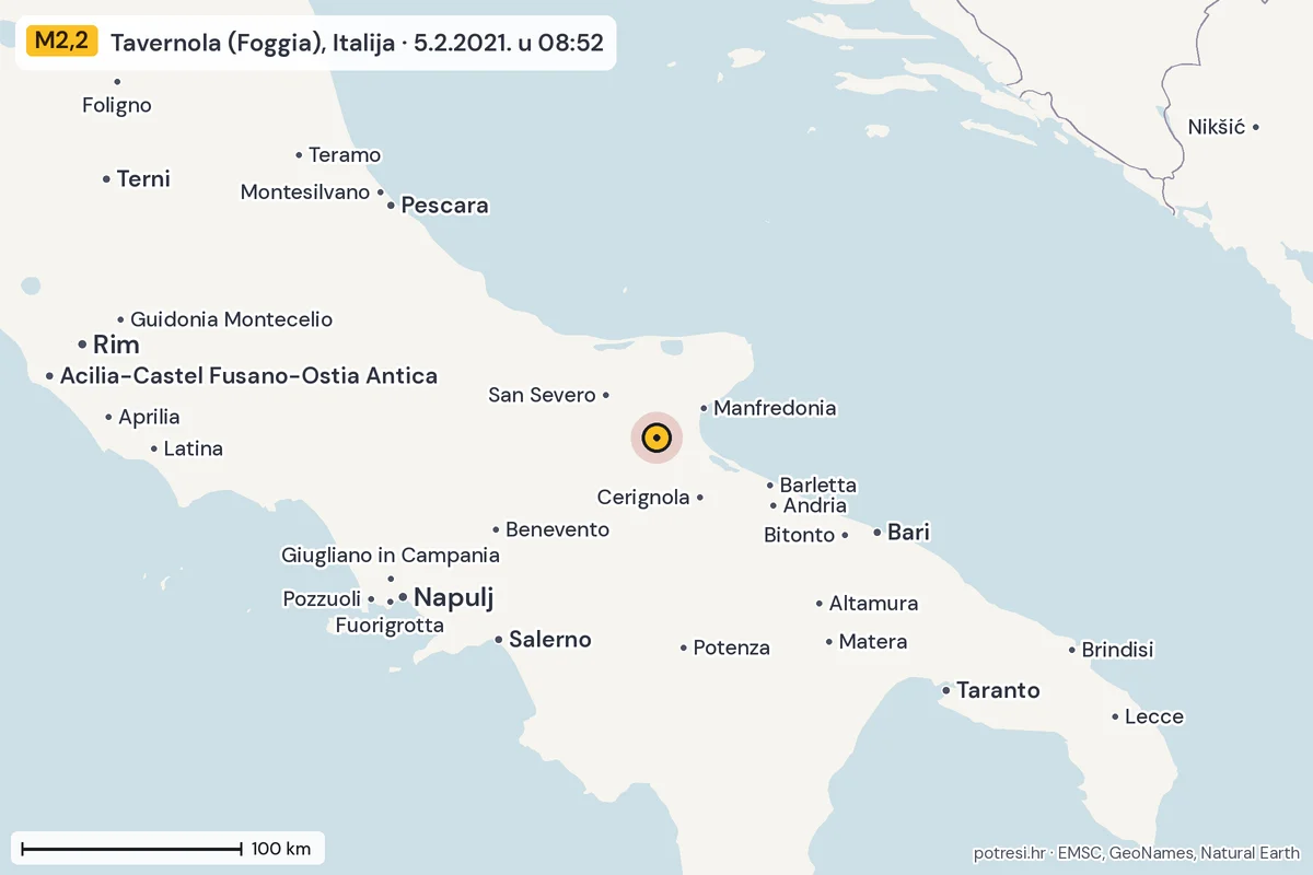 Karta: šire područje, 600 km, potres M2,2, Tavernola (Foggia), Italija, 5.2.2021.