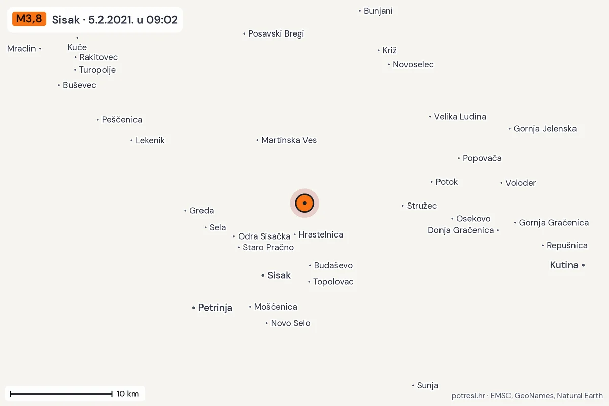 Karta: okolica epicentra, 60 km, potres M3,8, Sisak, 5.2.2021.