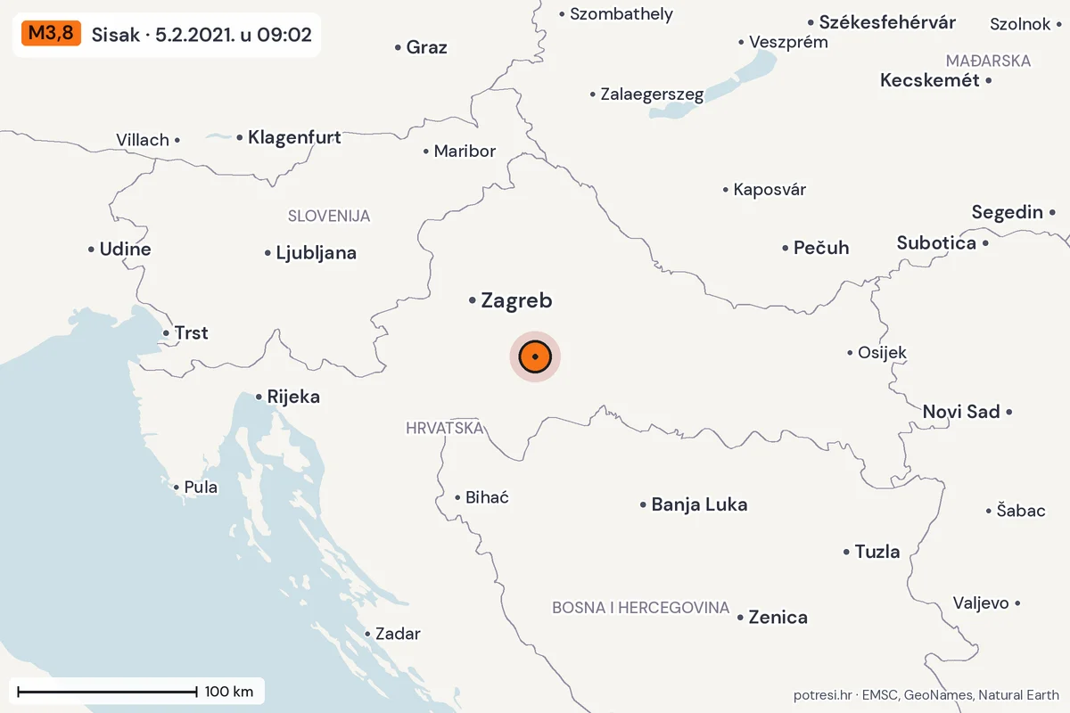 Karta: šire područje, 600 km, potres M3,8, Sisak, 5.2.2021.