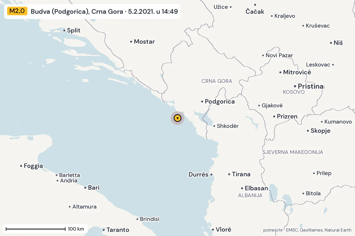 Karta: šire područje, 600 km, potres M2,0, Budva (Podgorica), Crna Gora, 5.2.2021.