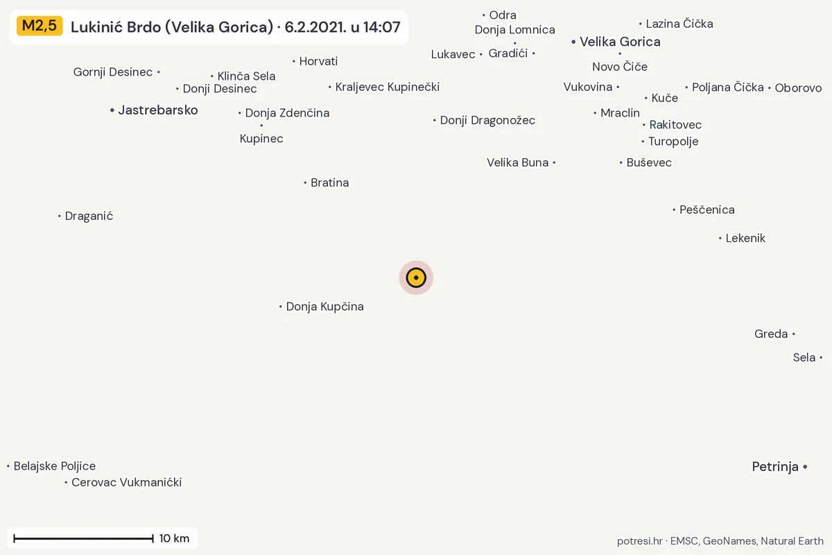 Karta: okolica epicentra, 60 km, potres M2,5, Lukinić Brdo (Velika Gorica), 6.2.2021.