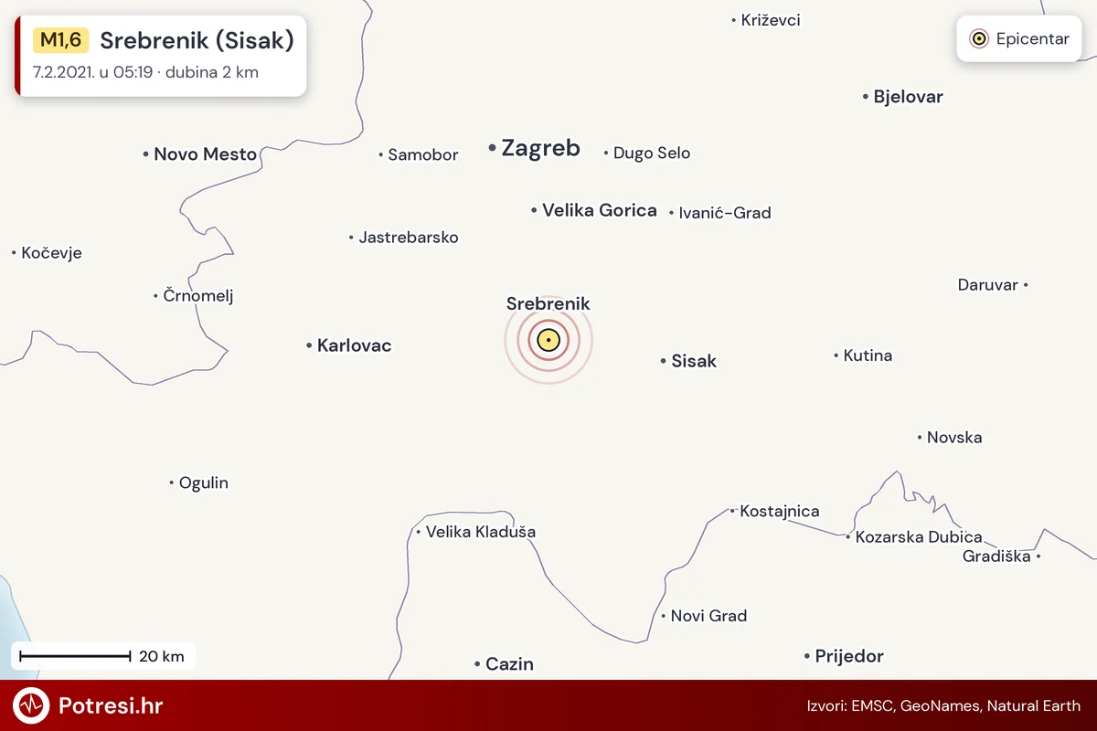 Karta: šire područje i vjerojatni doseg osjeta, potres M1,6, Srebrenik (Sisak), 7.2.2021.