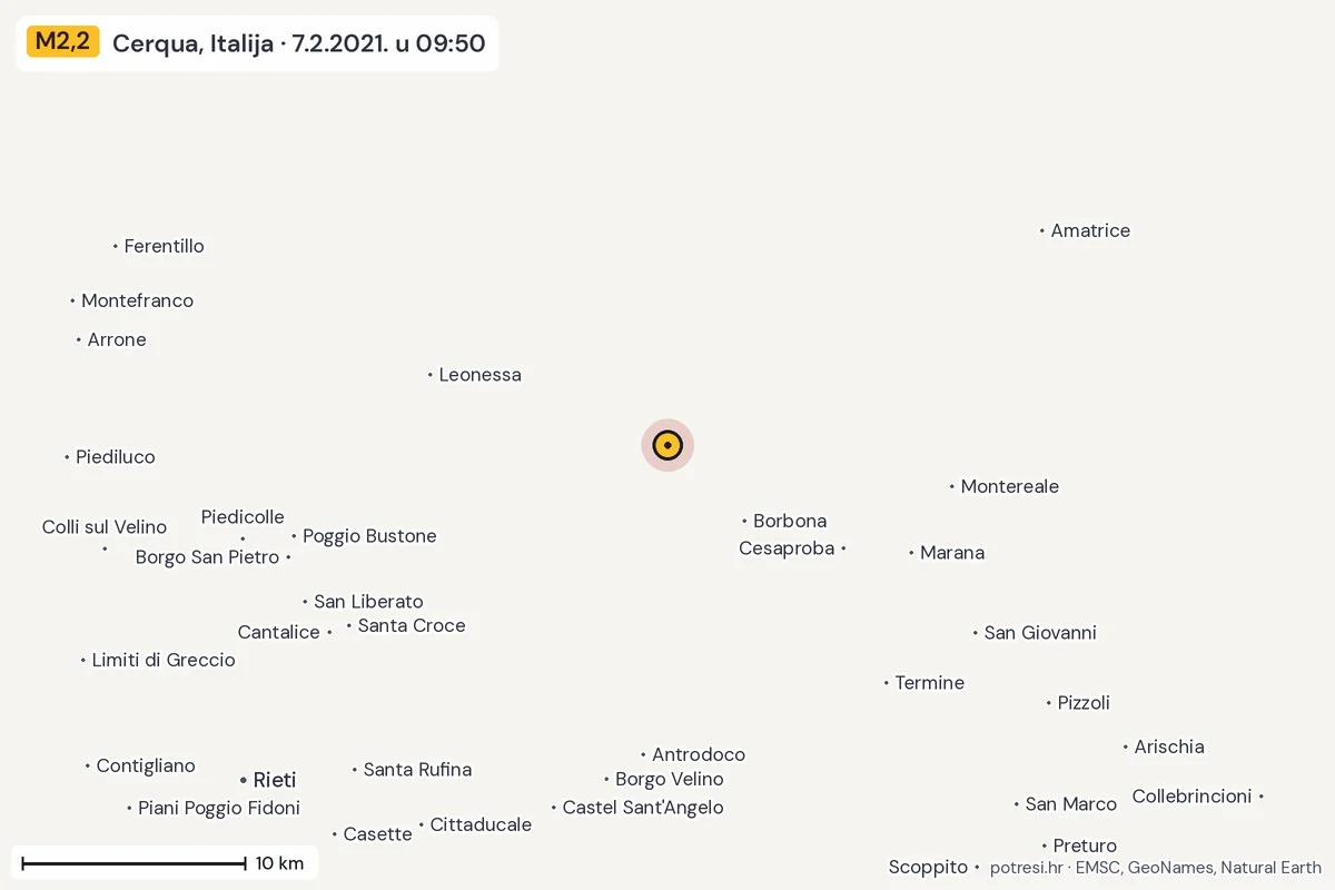 Karta: okolica epicentra, 60 km, potres M2,2, Cerqua, Italija, 7.2.2021.