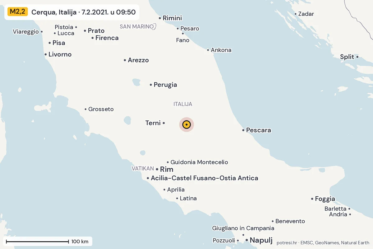 Karta: šire područje, 600 km, potres M2,2, Cerqua, Italija, 7.2.2021.