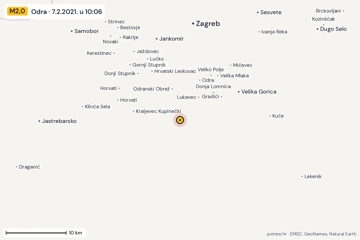 Karta: okolica epicentra, 60 km, potres M2,0, Odra, 7.2.2021.