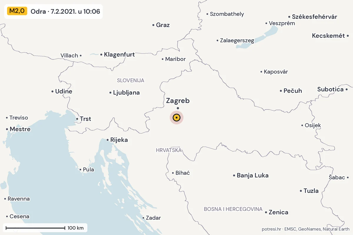 Karta: šire područje, 600 km, potres M2,0, Odra, 7.2.2021.