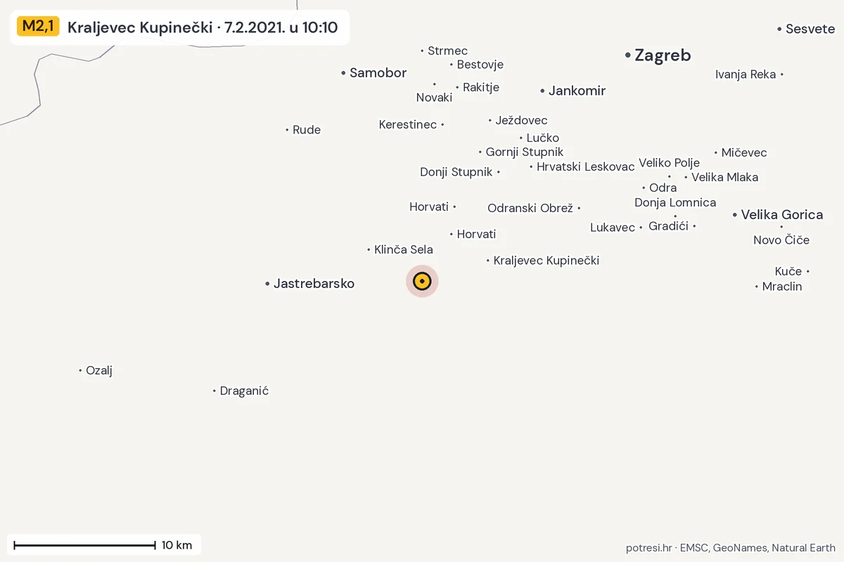 Karta: okolica epicentra, 60 km, potres M2,1, Kraljevec Kupinečki, 7.2.2021.