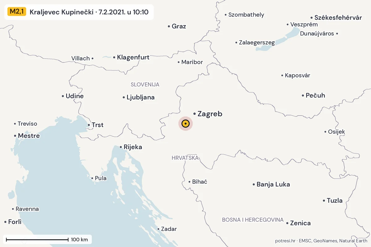 Karta: šire područje, 600 km, potres M2,1, Kraljevec Kupinečki, 7.2.2021.