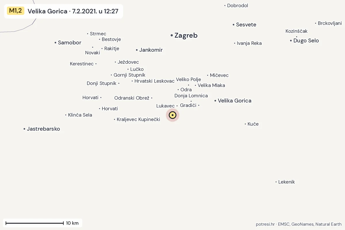 Karta: okolica epicentra, 60 km, potres M1,2, Velika Gorica, 7.2.2021.