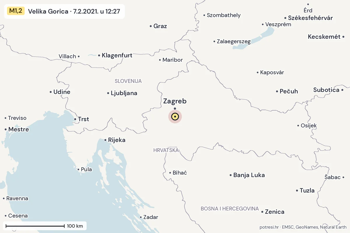 Karta: šire područje, 600 km, potres M1,2, Velika Gorica, 7.2.2021.