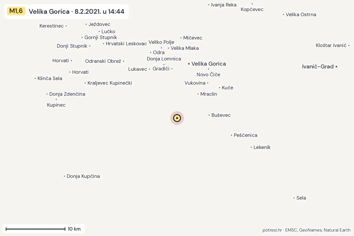 Karta: okolica epicentra, 60 km, potres M1,6, Velika Gorica, 8.2.2021.