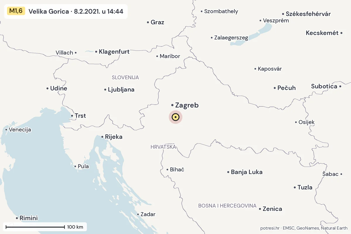 Karta: šire područje, 600 km, potres M1,6, Velika Gorica, 8.2.2021.