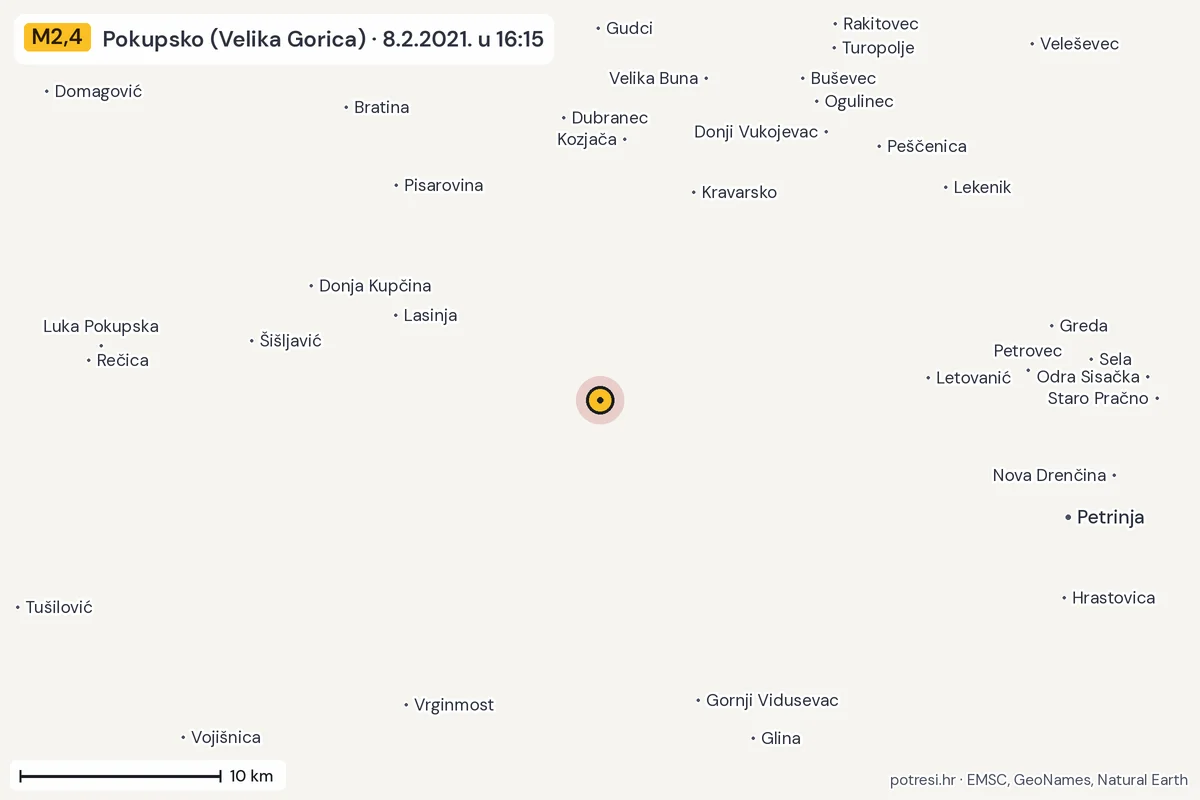Karta: okolica epicentra, 60 km, potres M2,4, Pokupsko (Velika Gorica), 8.2.2021.