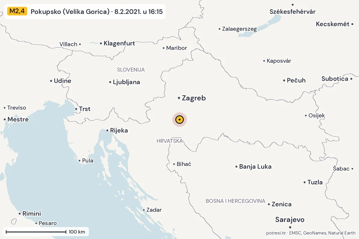 Karta: šire područje, 600 km, potres M2,4, Pokupsko (Velika Gorica), 8.2.2021.