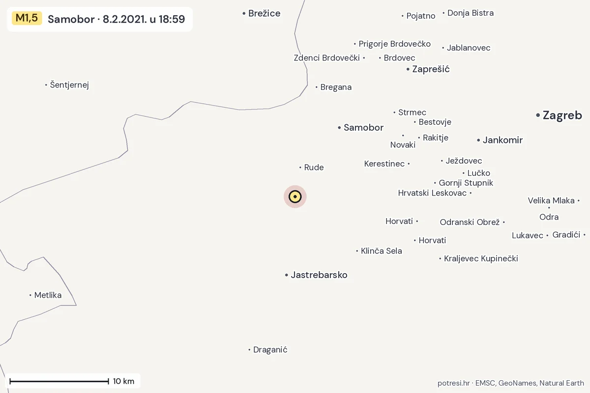 Karta: okolica epicentra, 60 km, potres M1,5, Samobor, 8.2.2021.