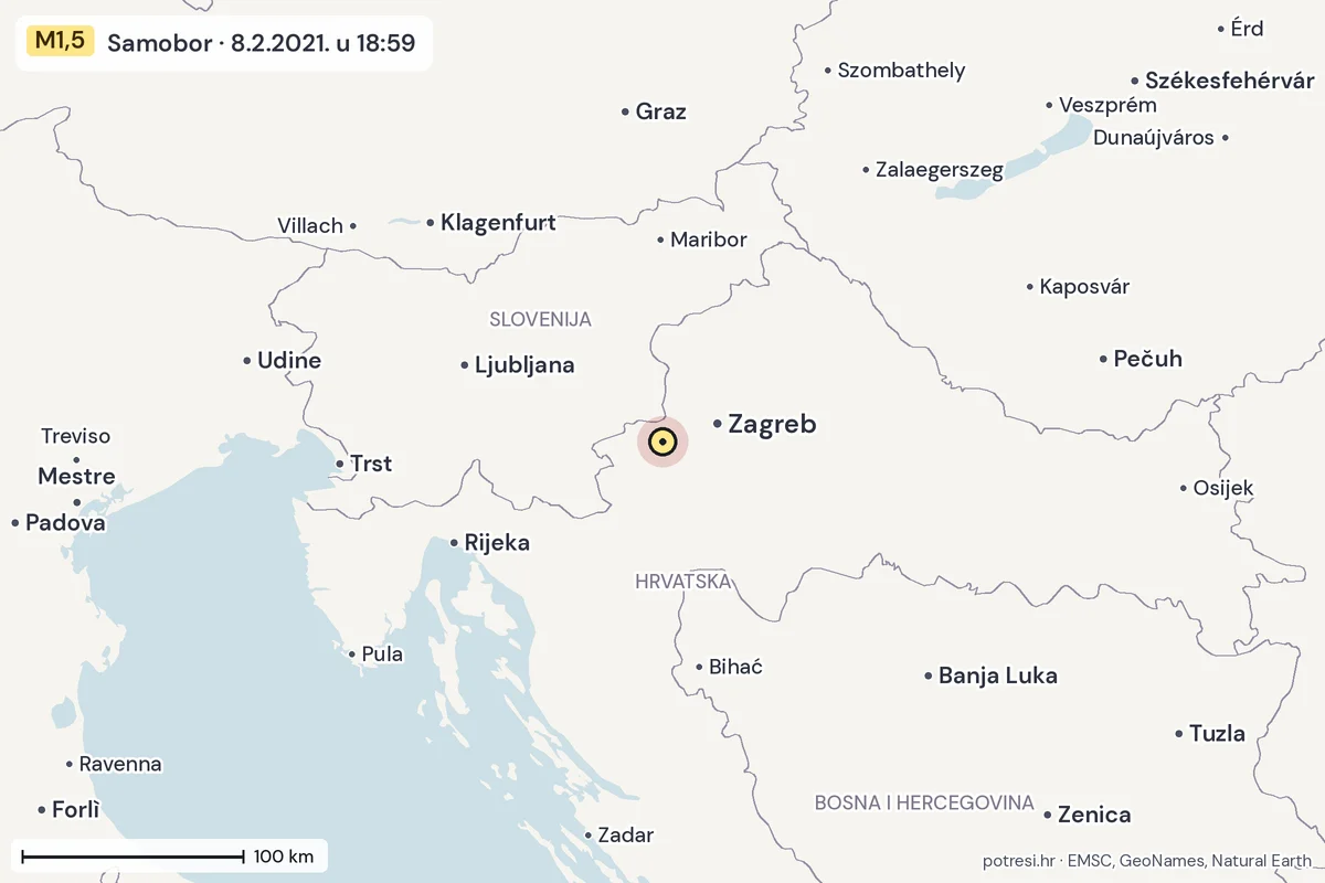 Karta: šire područje, 600 km, potres M1,5, Samobor, 8.2.2021.