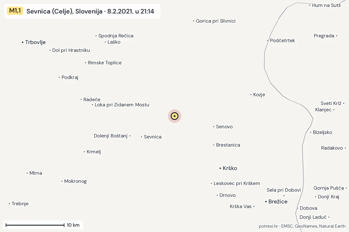 Karta: okolica epicentra, 60 km, potres M1,1, Sevnica (Celje), Slovenija, 8.2.2021.