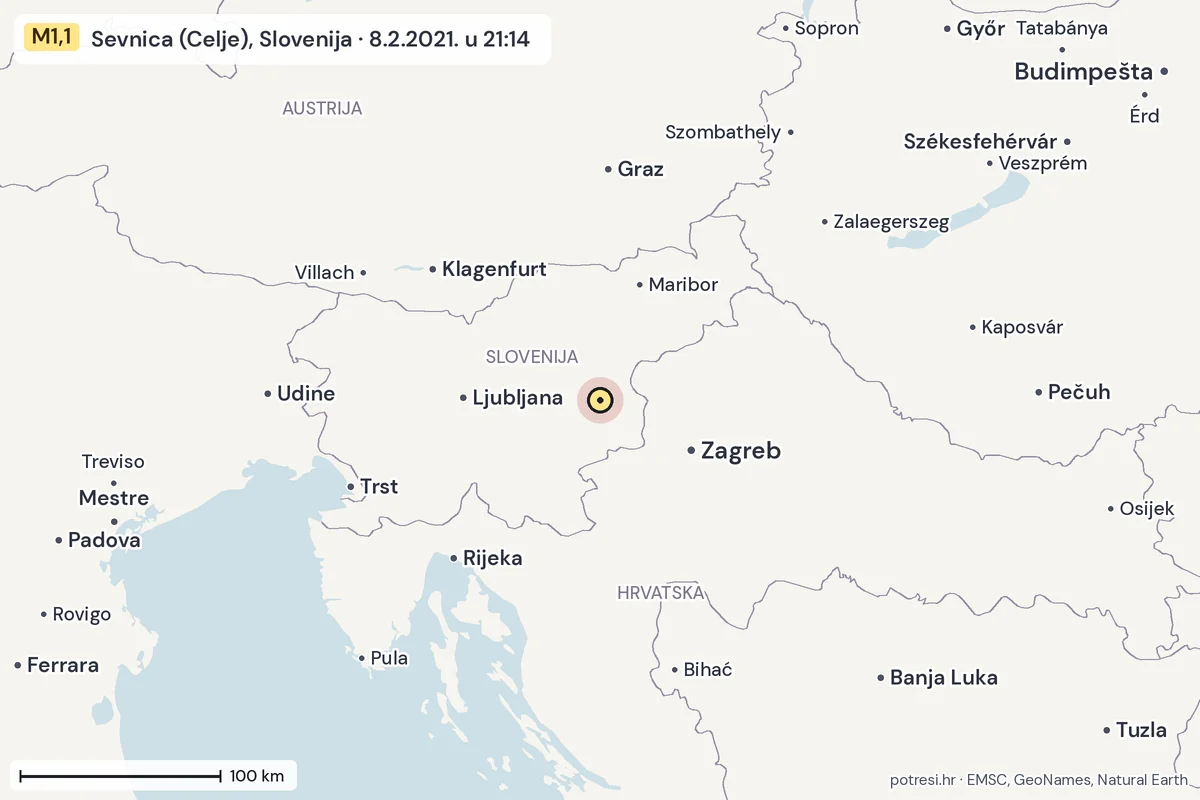 Karta: šire područje, 600 km, potres M1,1, Sevnica (Celje), Slovenija, 8.2.2021.