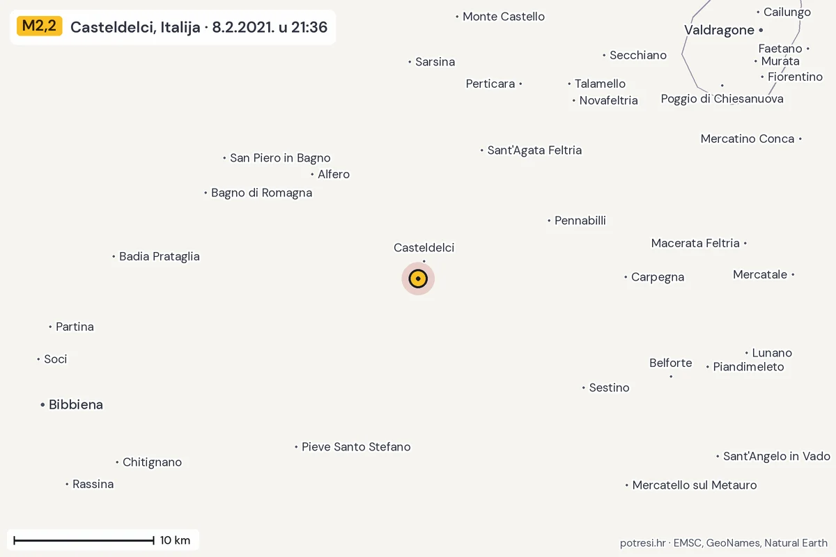 Karta: okolica epicentra, 60 km, potres M2,2, Casteldelci, Italija, 8.2.2021.