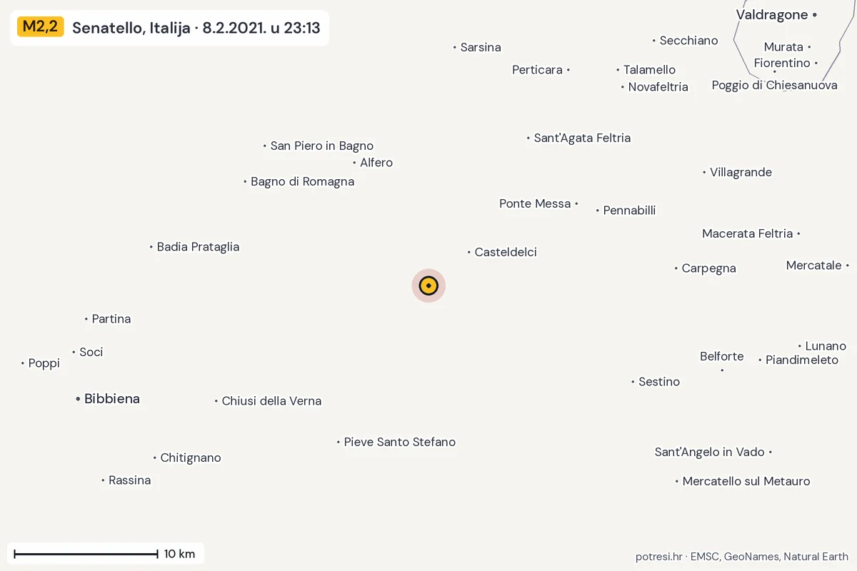 Karta: okolica epicentra, 60 km, potres M2,2, Senatello, Italija, 8.2.2021.