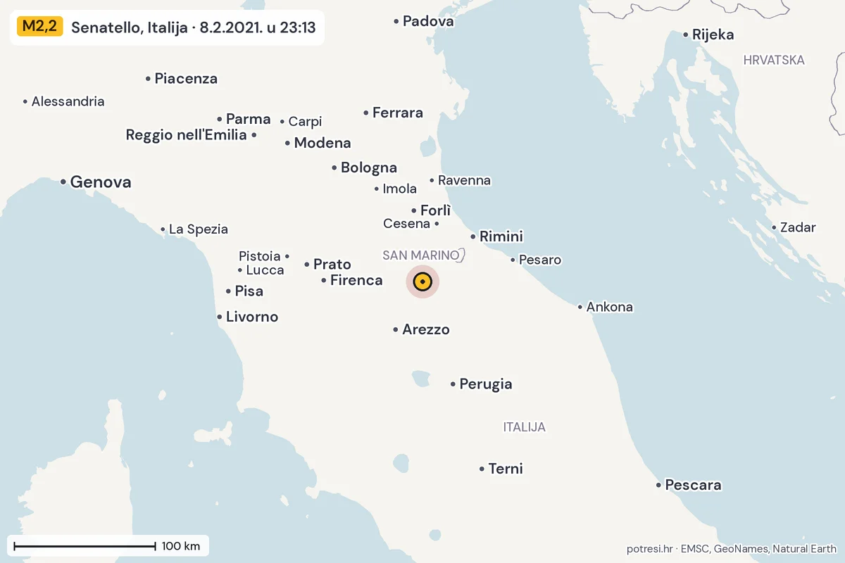 Karta: šire područje, 600 km, potres M2,2, Senatello, Italija, 8.2.2021.