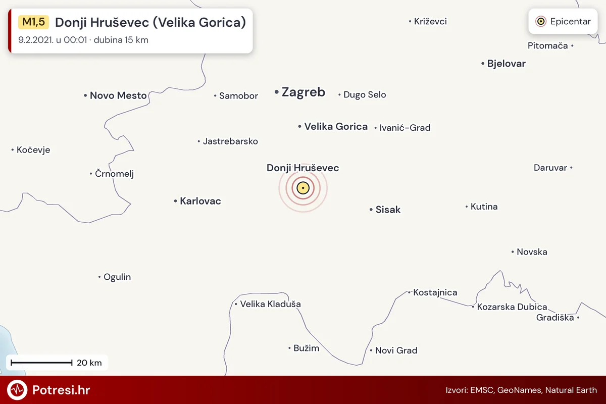 Karta: šire područje i vjerojatni doseg osjeta, potres M1,5, Donji Hruševec (Velika Gorica), 9.2.2021.