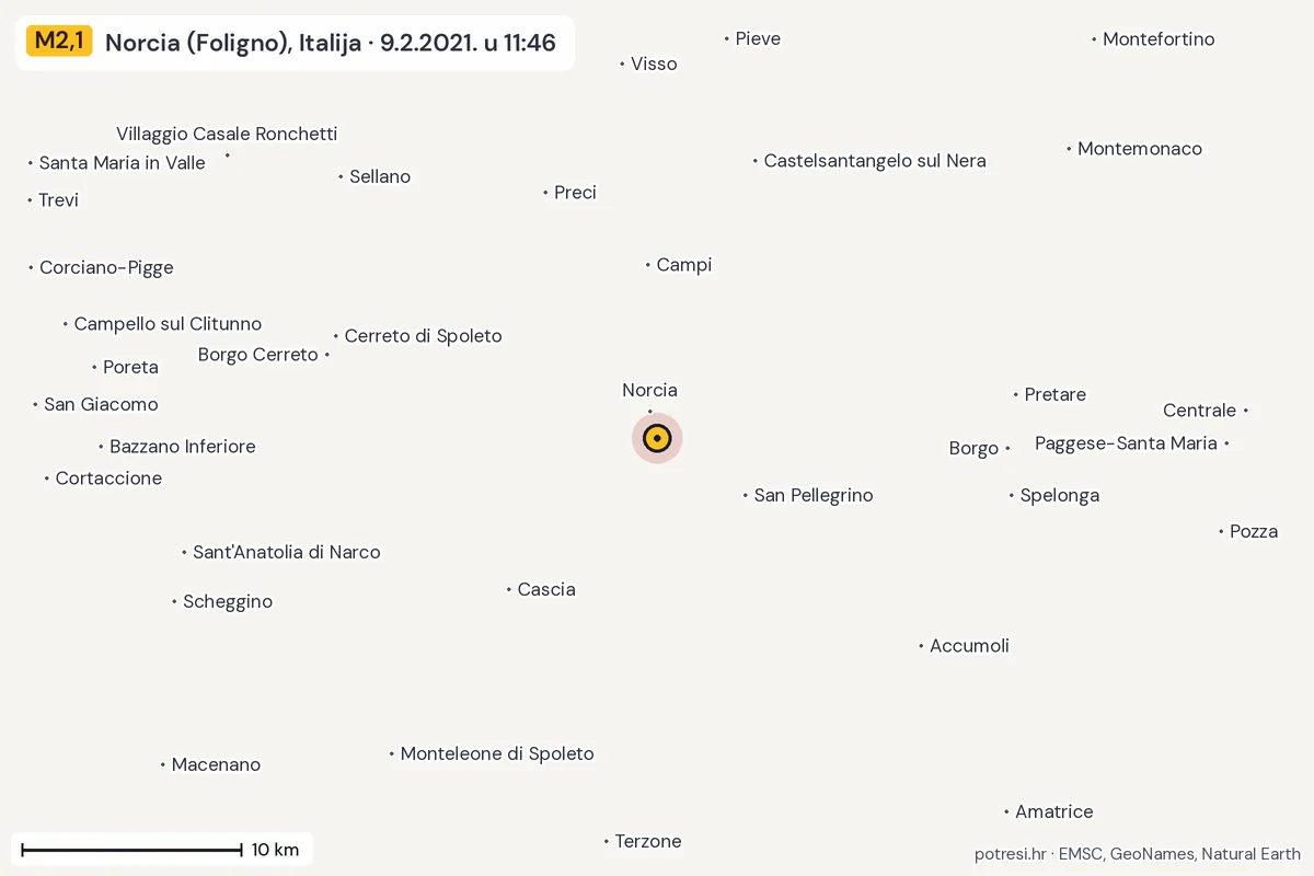 Karta: okolica epicentra, 60 km, potres M2,1, Norcia (Foligno), Italija, 9.2.2021.