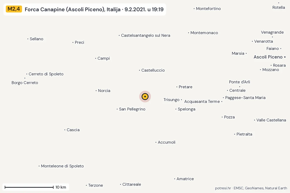 Karta: okolica epicentra, 60 km, potres M2,4, Forca Canapine (Ascoli Piceno), Italija, 9.2.2021.