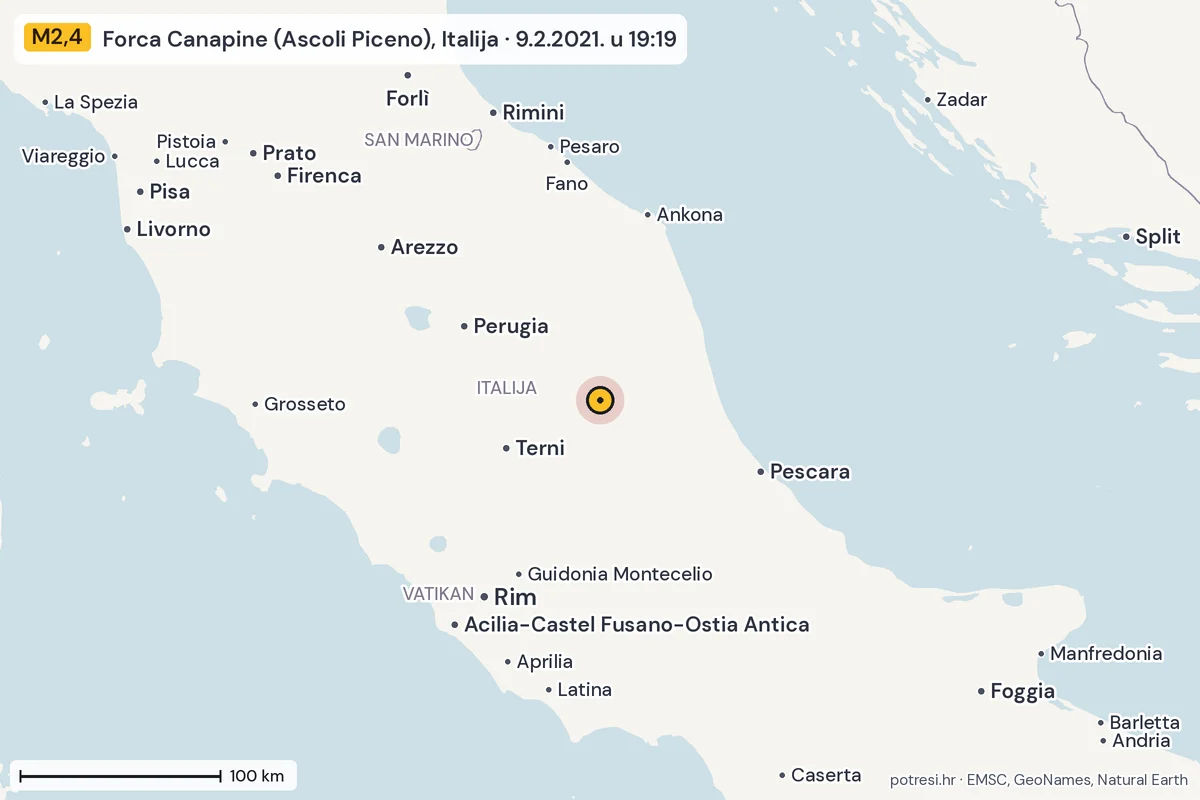 Karta: šire područje, 600 km, potres M2,4, Forca Canapine (Ascoli Piceno), Italija, 9.2.2021.