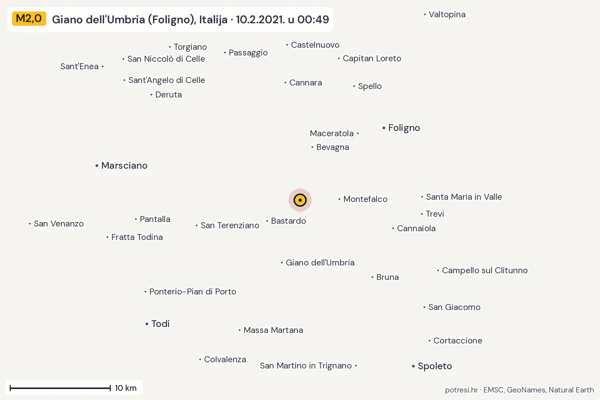 Karta: okolica epicentra, 60 km, potres M2,0, Giano dell'Umbria (Foligno), Italija, 10.2.2021.