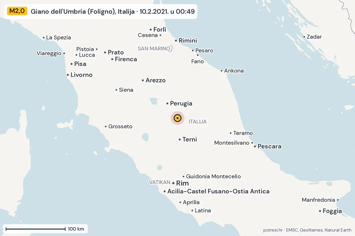 Karta: šire područje, 600 km, potres M2,0, Giano dell'Umbria (Foligno), Italija, 10.2.2021.