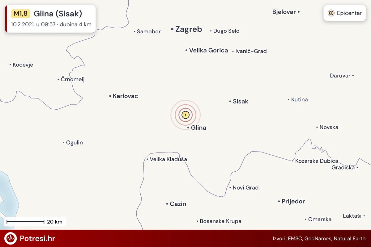 Karta: šire područje i vjerojatni doseg osjeta, potres M1,8, Glina (Sisak), 10.2.2021.
