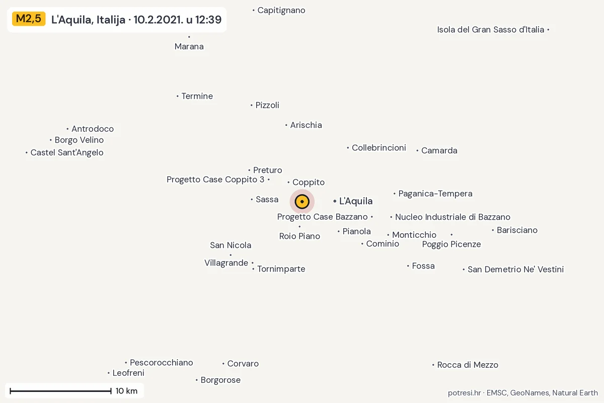 Karta: okolica epicentra, 60 km, potres M2,5, L'Aquila, Italija, 10.2.2021.
