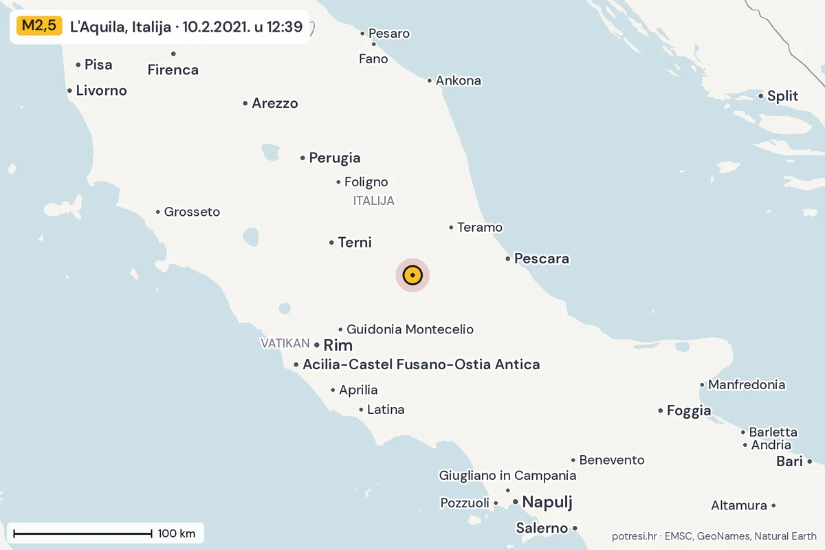 Karta: šire područje, 600 km, potres M2,5, L'Aquila, Italija, 10.2.2021.