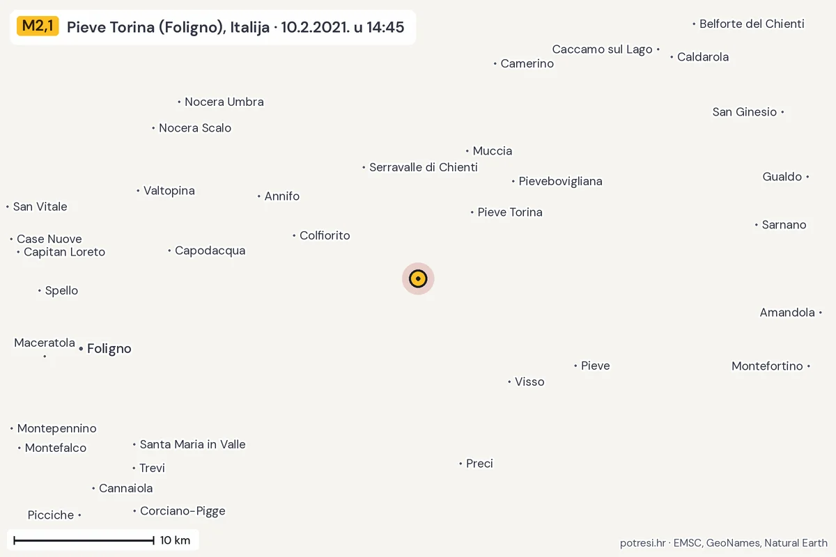 Karta: okolica epicentra, 60 km, potres M2,1, Pieve Torina (Foligno), Italija, 10.2.2021.