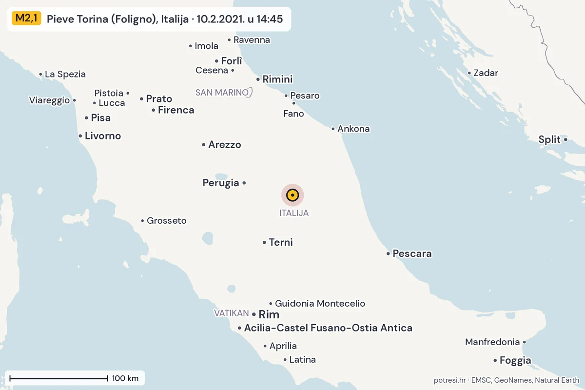Karta: šire područje, 600 km, potres M2,1, Pieve Torina (Foligno), Italija, 10.2.2021.