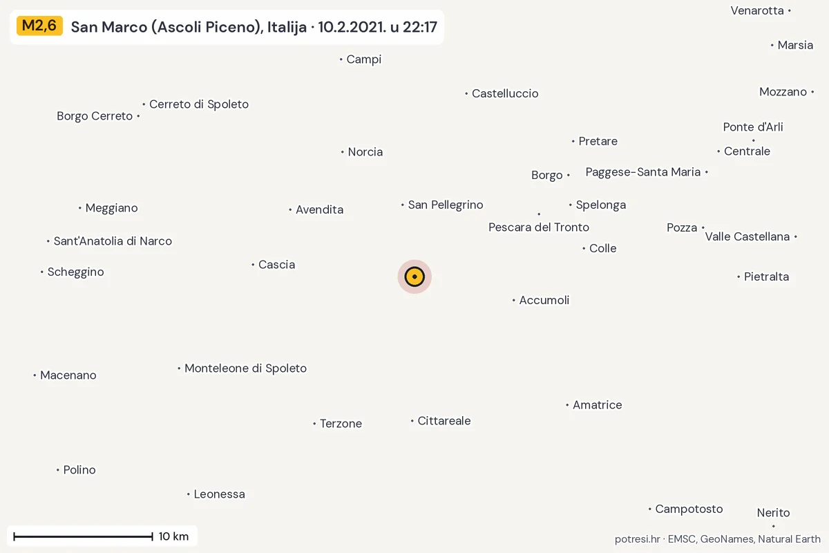 Karta: okolica epicentra, 60 km, potres M2,6, San Marco (Ascoli Piceno), Italija, 10.2.2021.