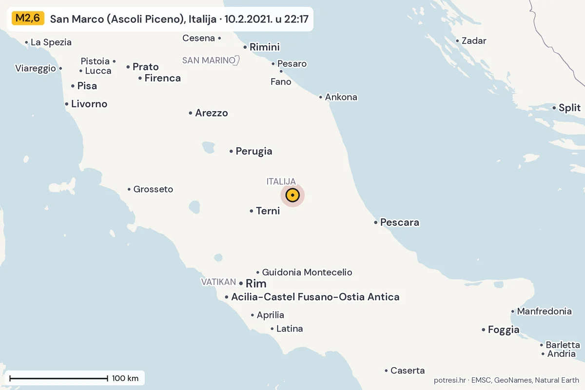 Karta: šire područje, 600 km, potres M2,6, San Marco (Ascoli Piceno), Italija, 10.2.2021.