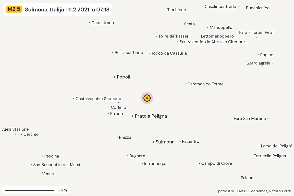 Karta: okolica epicentra, 60 km, potres M2,5, Sulmona, Italija, 11.2.2021.