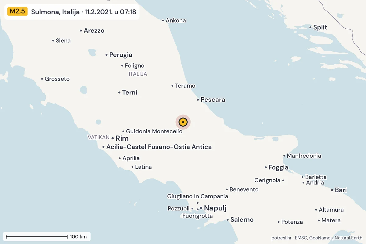 Karta: šire područje, 600 km, potres M2,5, Sulmona, Italija, 11.2.2021.