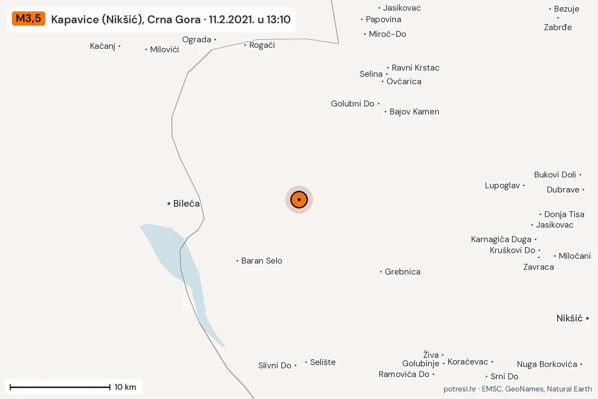 Karta: okolica epicentra, 60 km, potres M3,5, Kapavice (Nikšić), Crna Gora, 11.2.2021.