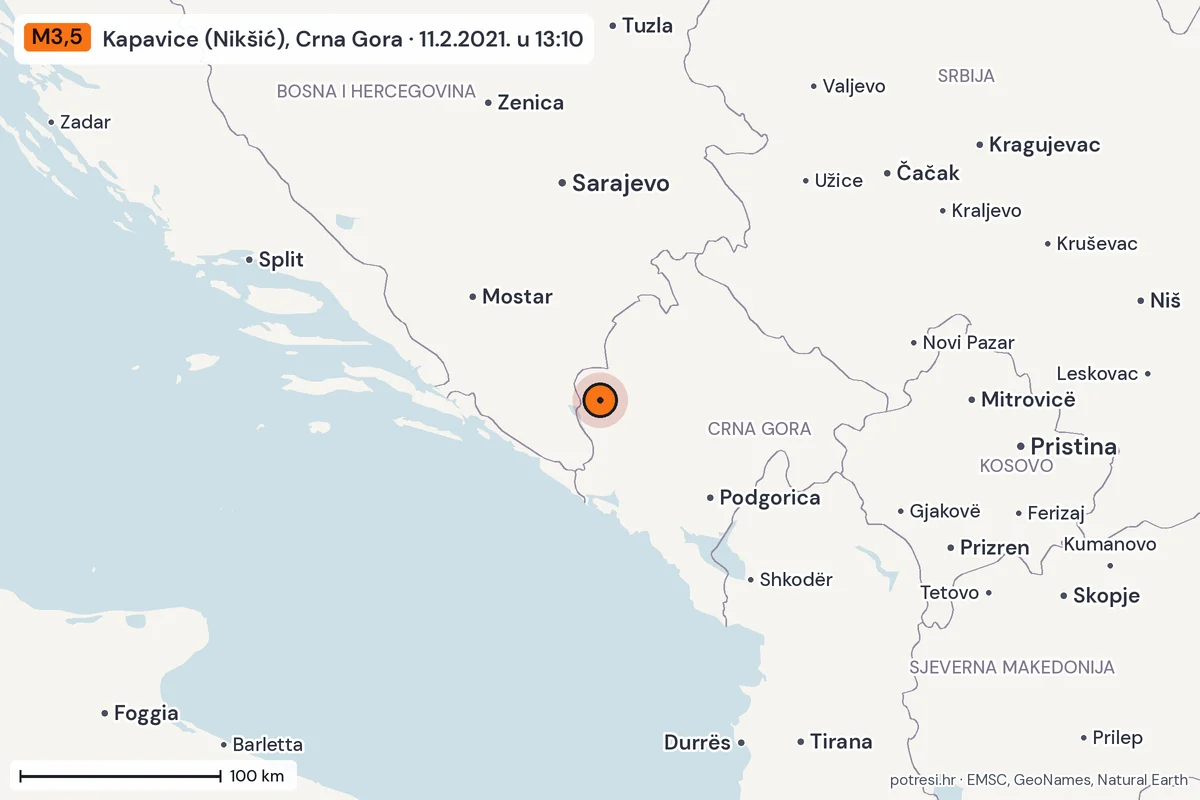 Karta: šire područje, 600 km, potres M3,5, Kapavice (Nikšić), Crna Gora, 11.2.2021.