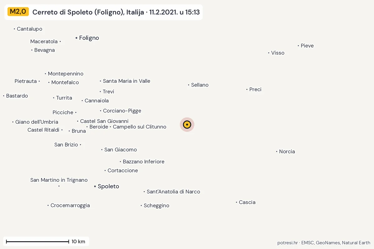 Karta: okolica epicentra, 60 km, potres M2,0, Cerreto di Spoleto (Foligno), Italija, 11.2.2021.